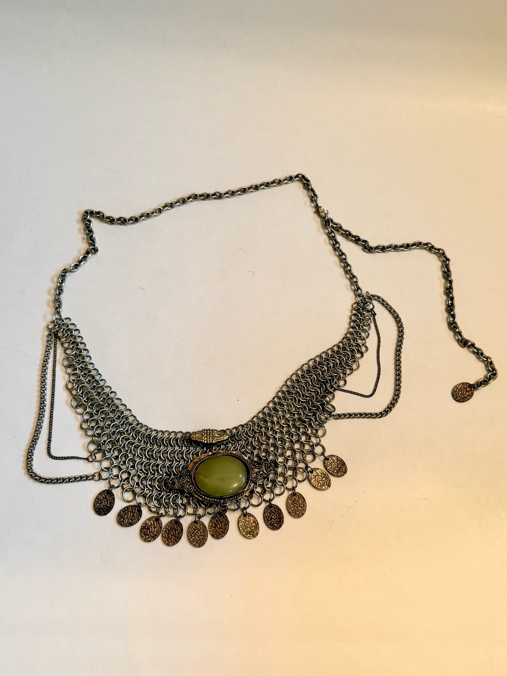 Free People Boho Chainmail Bib Necklace Green Stone Coin Fringe